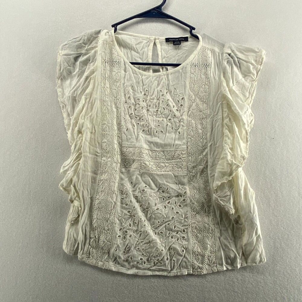 American Eagle Ruffled White Embroidered Lace Blouse Womens Size S NEW